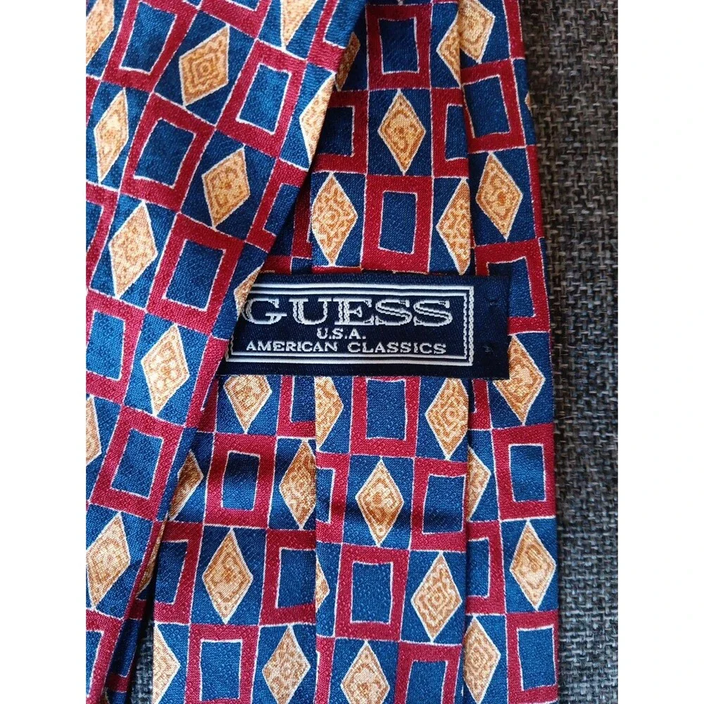 Tie 70s 80s 90s Y2K Mens Guess Silk Red Blue Beige 4 Wide 58 Long